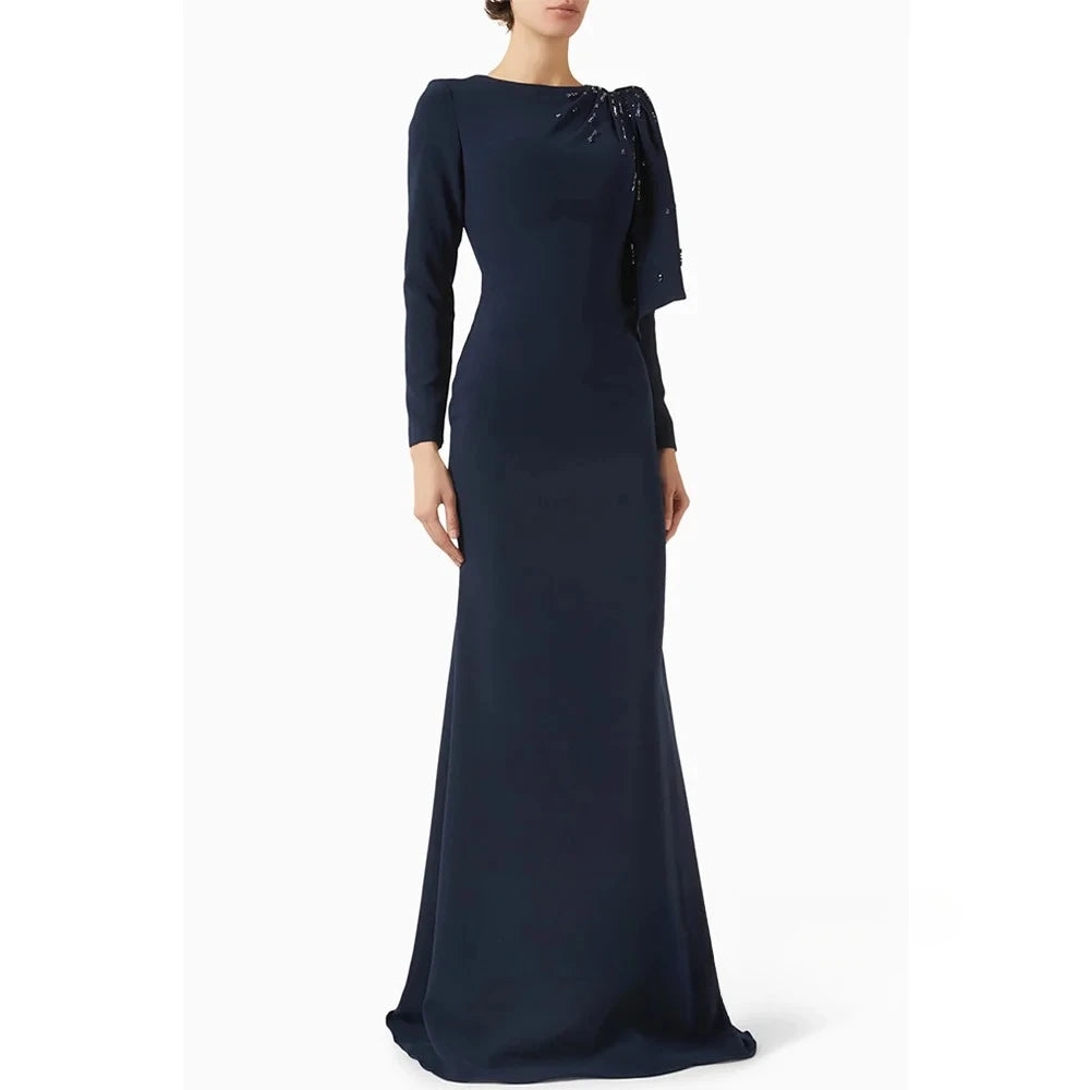 Red Modest Evening Dress Customized Round Neck Long Sleeves Beading Back Slit Mermaid Prom Gown Saudi Arabian Style Party Dresses