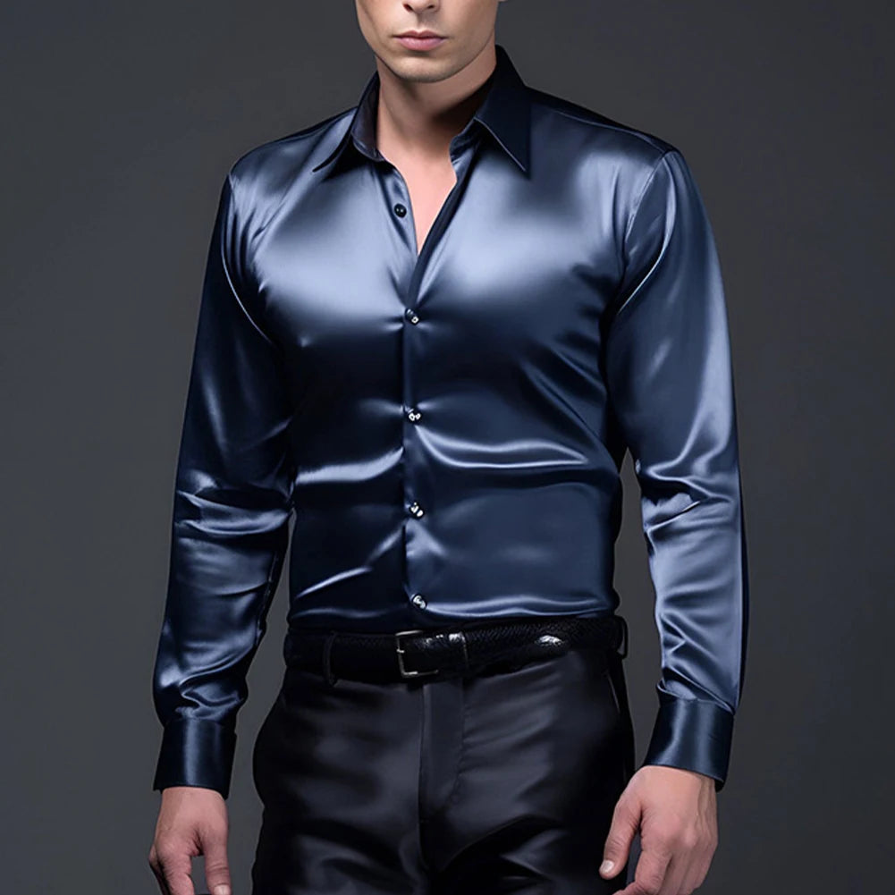 Slim Fit Single Breasted Button Lapel Collar Casual Satin Silk Dress Shirt