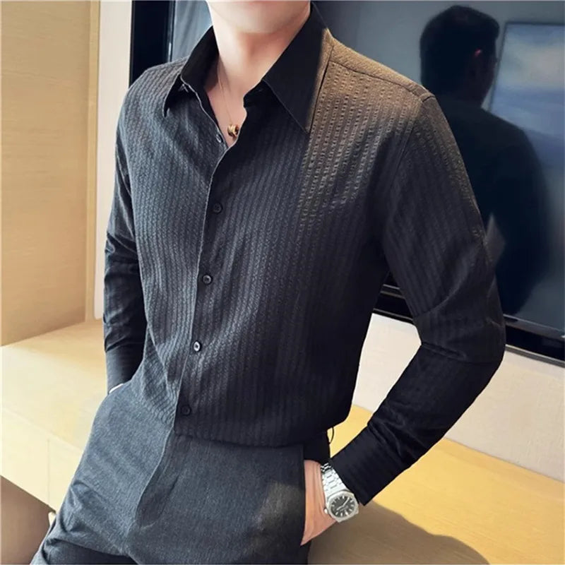 Long Sleeve Striped Smart Casual Turn Down Collar Slim Fit Shirts