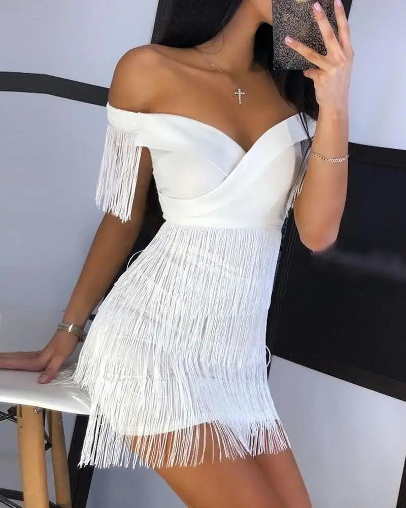 Sexy Big V Neck One-shoulder Fringed Skirt