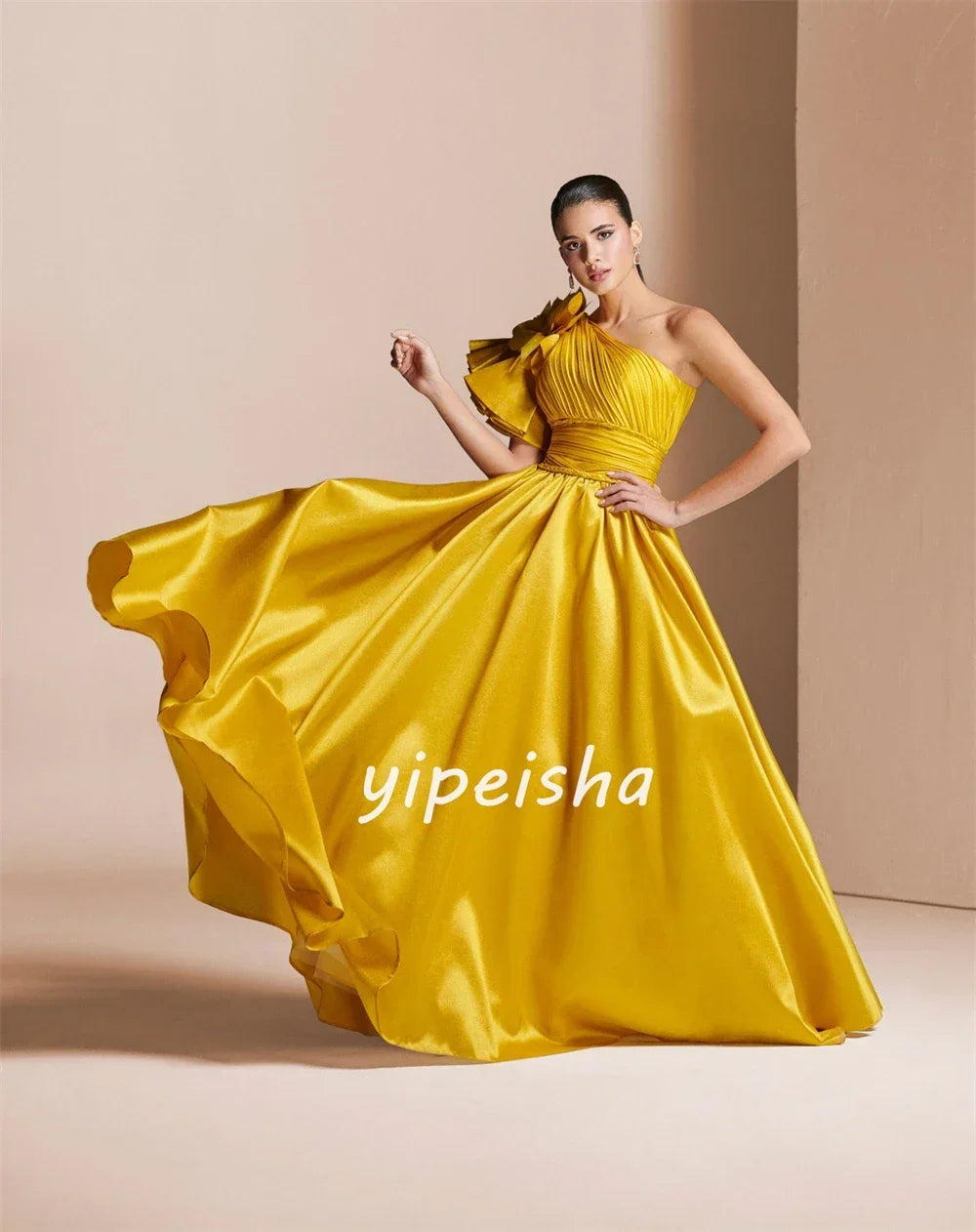 Exquisite Modern Pleat Draped Style Handmade Ruched A-line One-shoulder Long Dresses Evening Dress