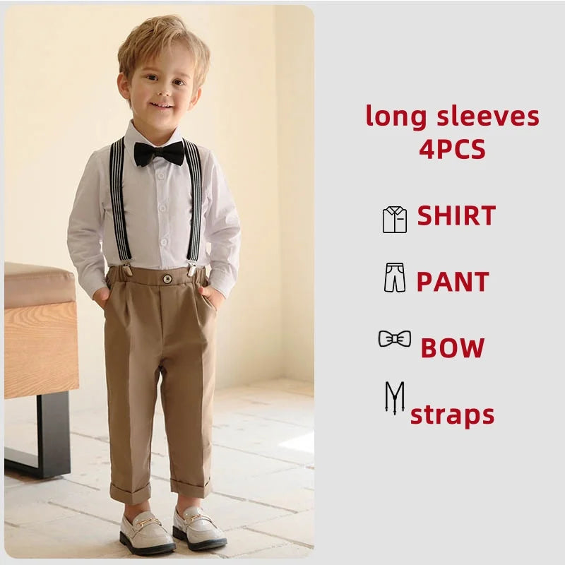 4 Pieces/set Boys Formal Elegant British Style Strap Shirts Outfits Set