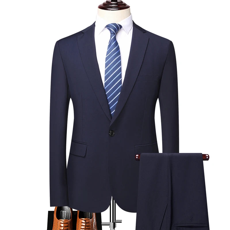 Suit (Blazer+ Pants) Fashion Men Outdoor Business Casual British Style Solid Color