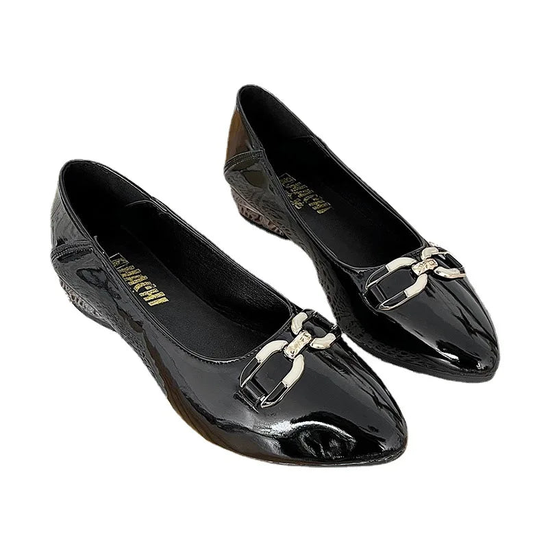 Pointed Toe Patent Leather Low Heel Single Slip on Classic Shoes
