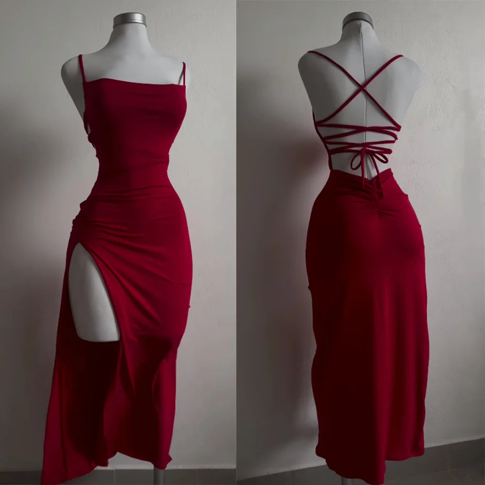 Elegant Sexy Bodycon Sleeveless Halter Back Tie Backless Split Dress