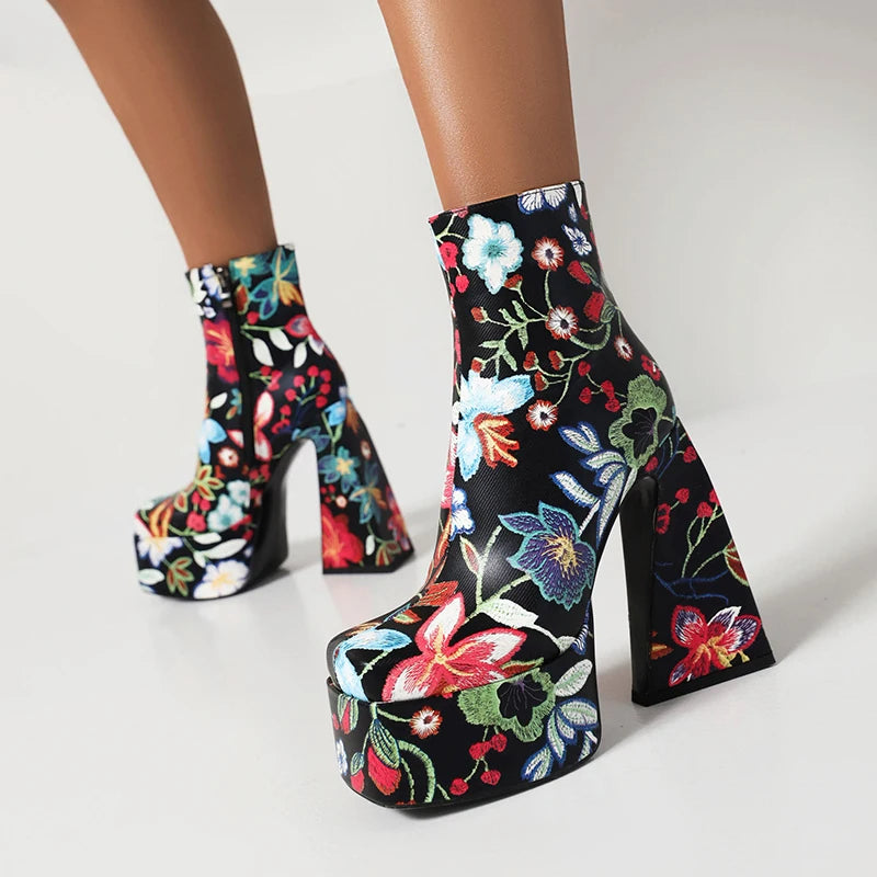 Colorful Flower Pattern Super High Cutout Chunky Heel Ankle Boots