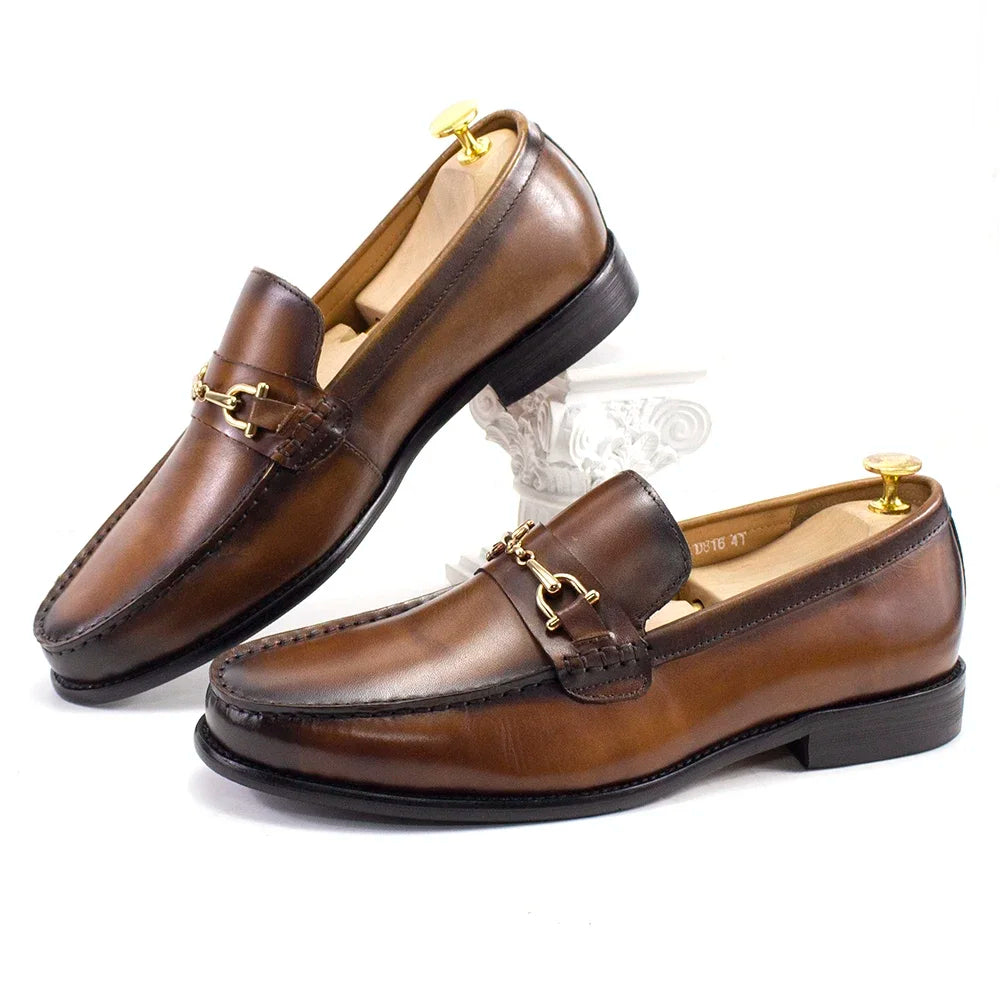 Handmade Genuine Leather Metal Chain Loafers