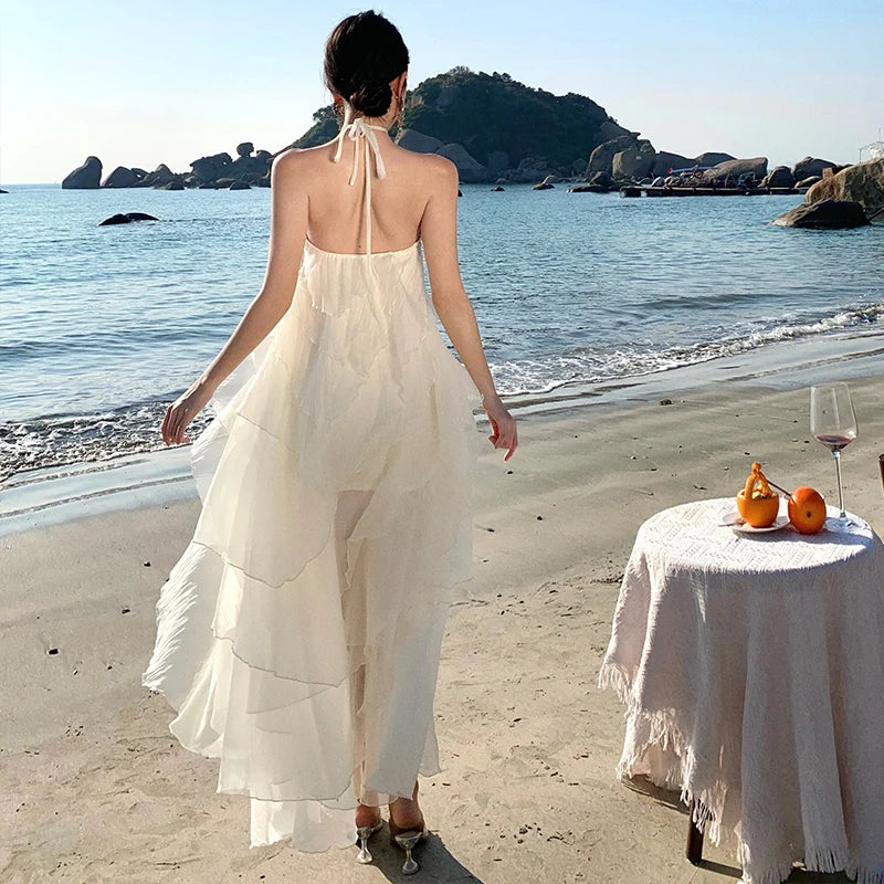 French Halter Flower Ruffled Light Luxury Small Temperament Dress