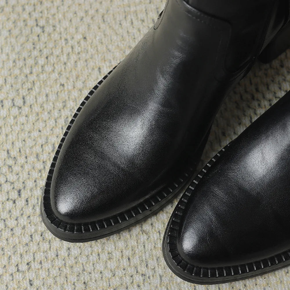 Women's Genuine Leather Side Zip Knee High Pointed Toe Boots