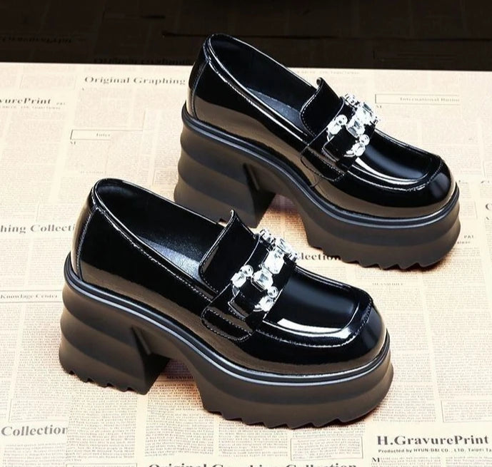 British Style Chunky Thick High Heel Satile Small Leather Shoes