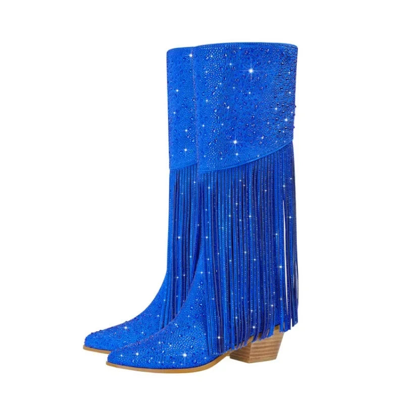 Chelsea Knee Length Rhinestone Zipper Pointed Tassels Boots