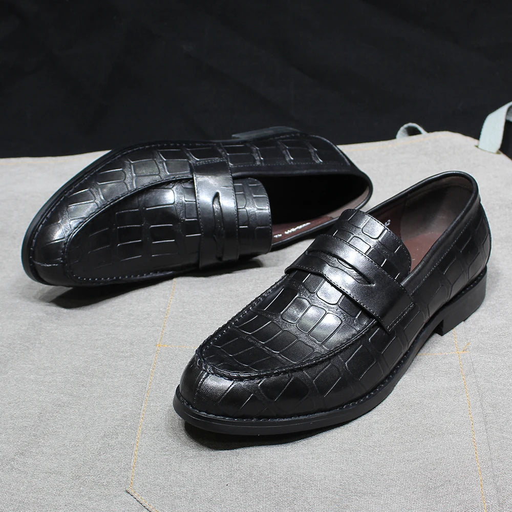 Handmade Crocodile Print Genuine Leather Slip-On Loafers