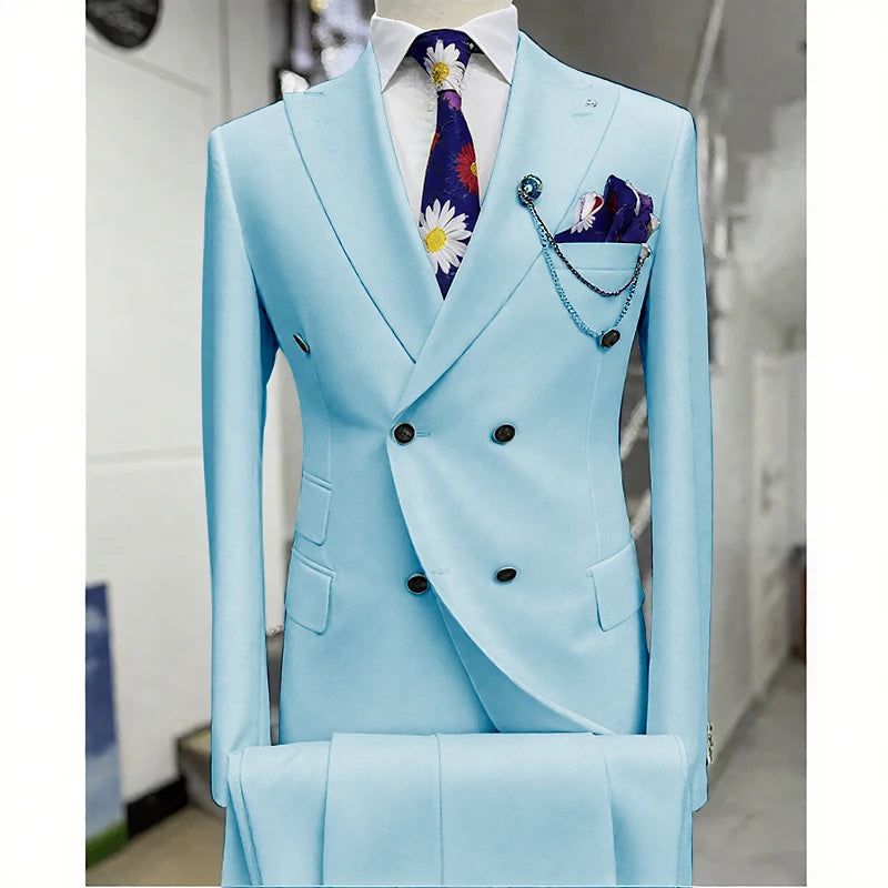 Suits for Men 2 Piece Solid Color Formal Business Casual Male Suit Fashion Peak Lapel Double Breasted Wedding Groom Tuxedo