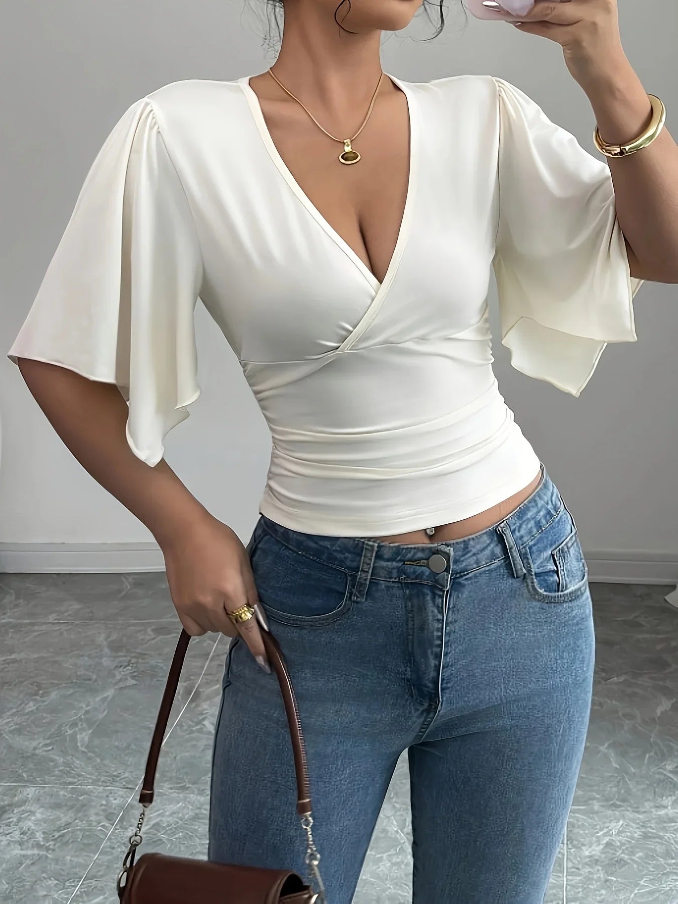 Solid Colour Casual Flared Sleeve Slim Deep V Neck Sexy T-Shirt Top