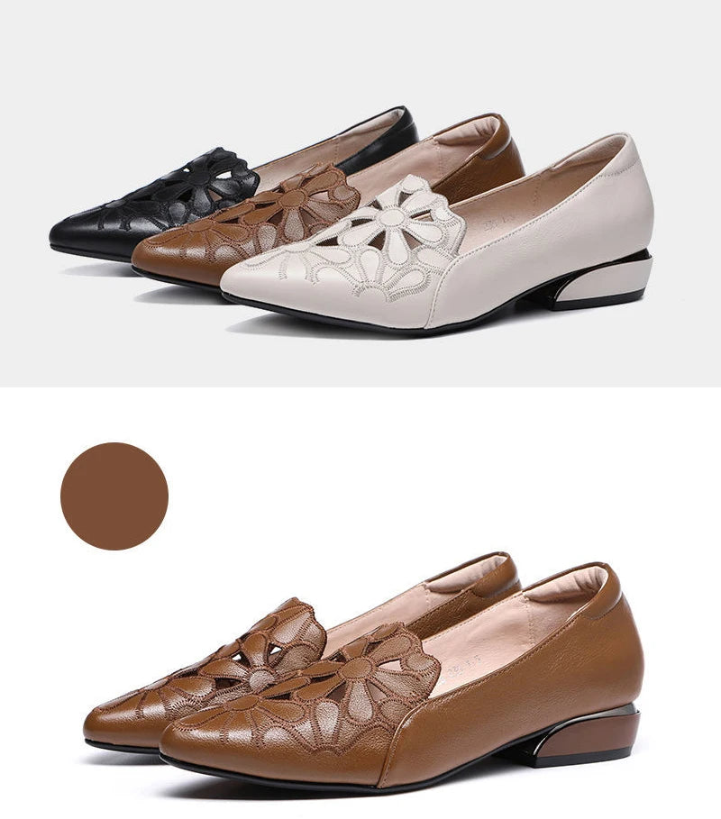 Mid Heel Leather Hollow Out Black Square Heel Shoes