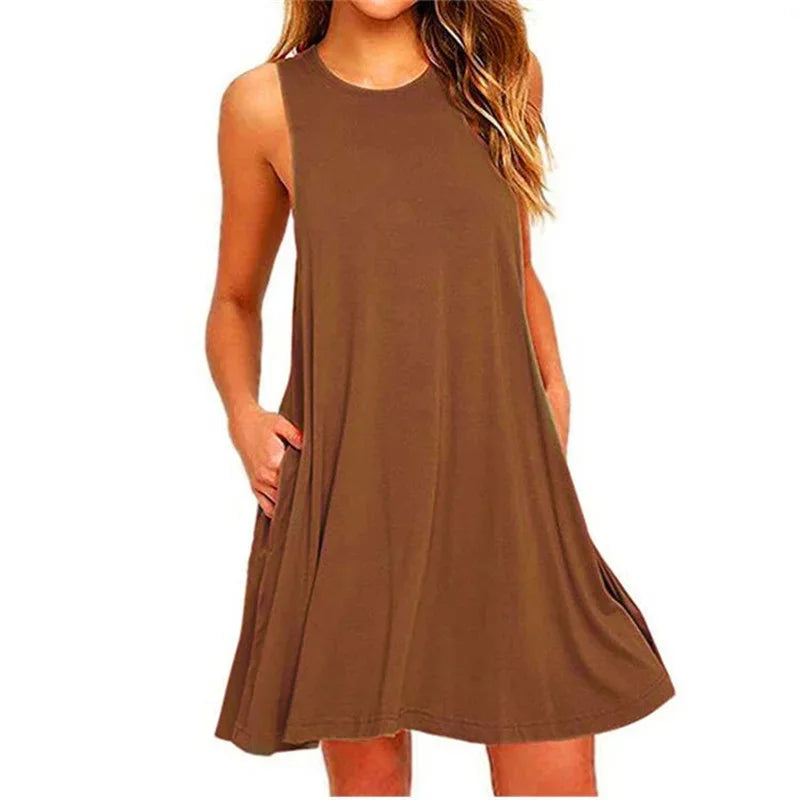 Casual Beach Cover up Plain Pleated Tank Pockets Dress