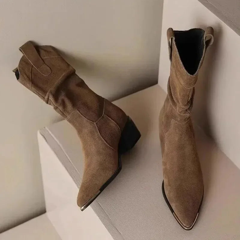 Classic Suede Pointy Toe Chelsea Wedge Heel Ankle Boots